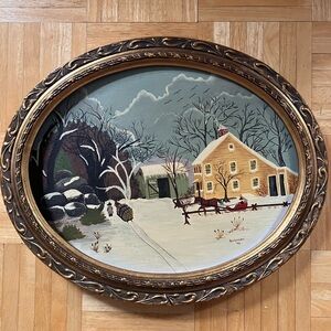 Vintage Winter Scene Oval 18” x 14” Framed original Painting signed